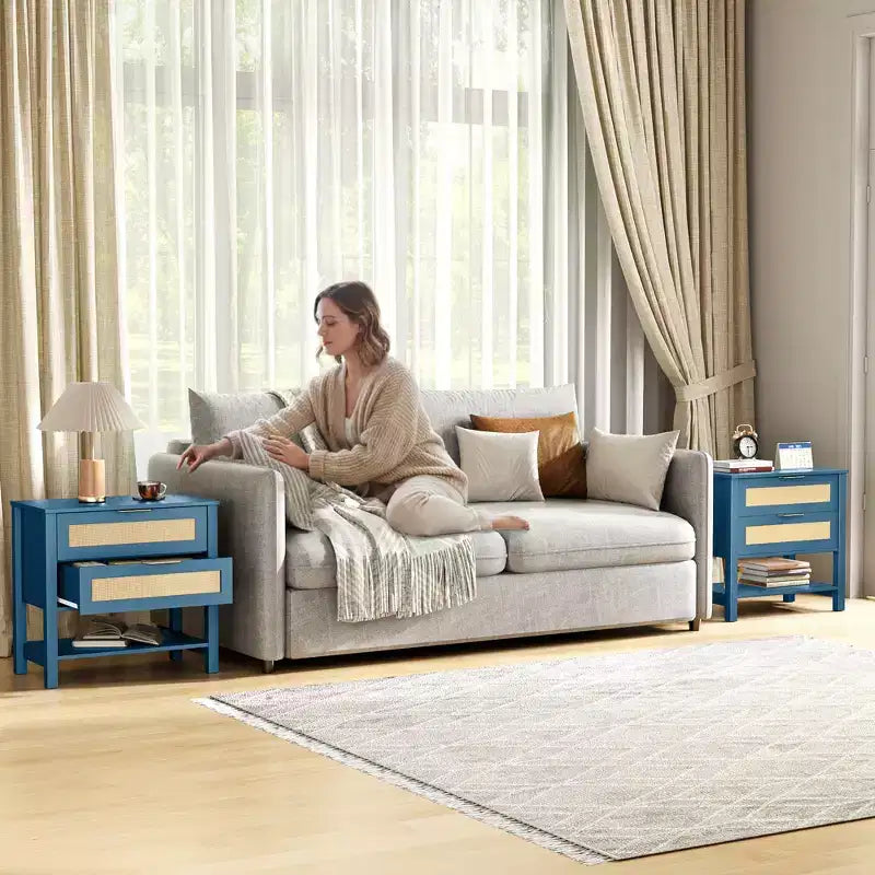 Table de chevet bohème en rotin avec 2 tiroirs pour chambre à coucher ou salon