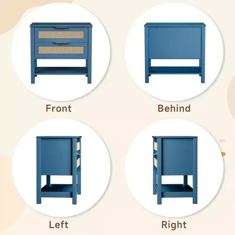 Table de chevet bohème en rotin avec 2 tiroirs pour chambre à coucher ou salon
