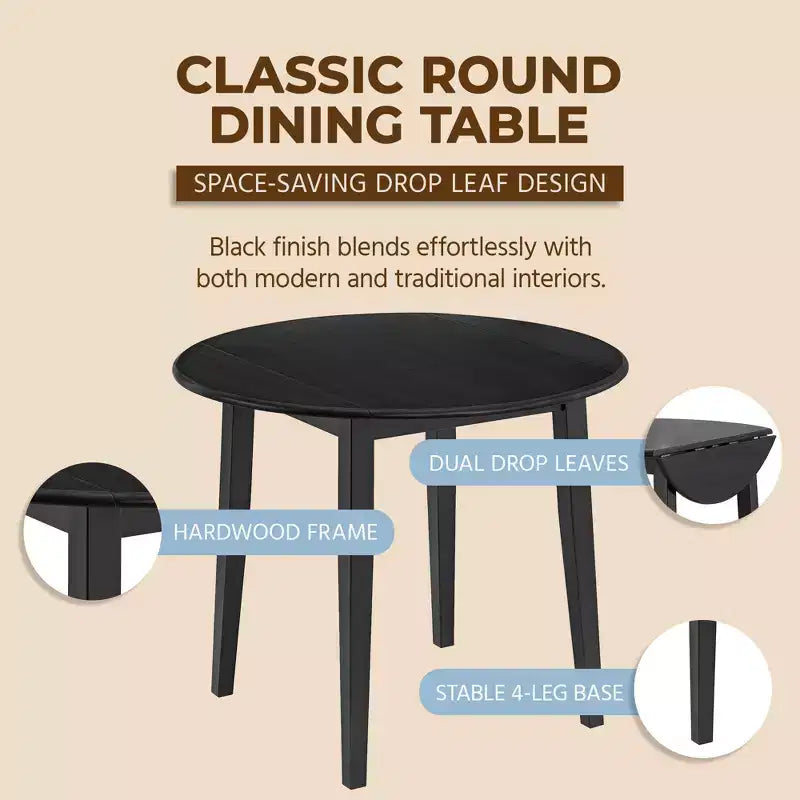 Table à abattants ROME + OAK avec un lot de 4 chaises à dossier croisé, Ensemble de salle à manger en bois, Noir