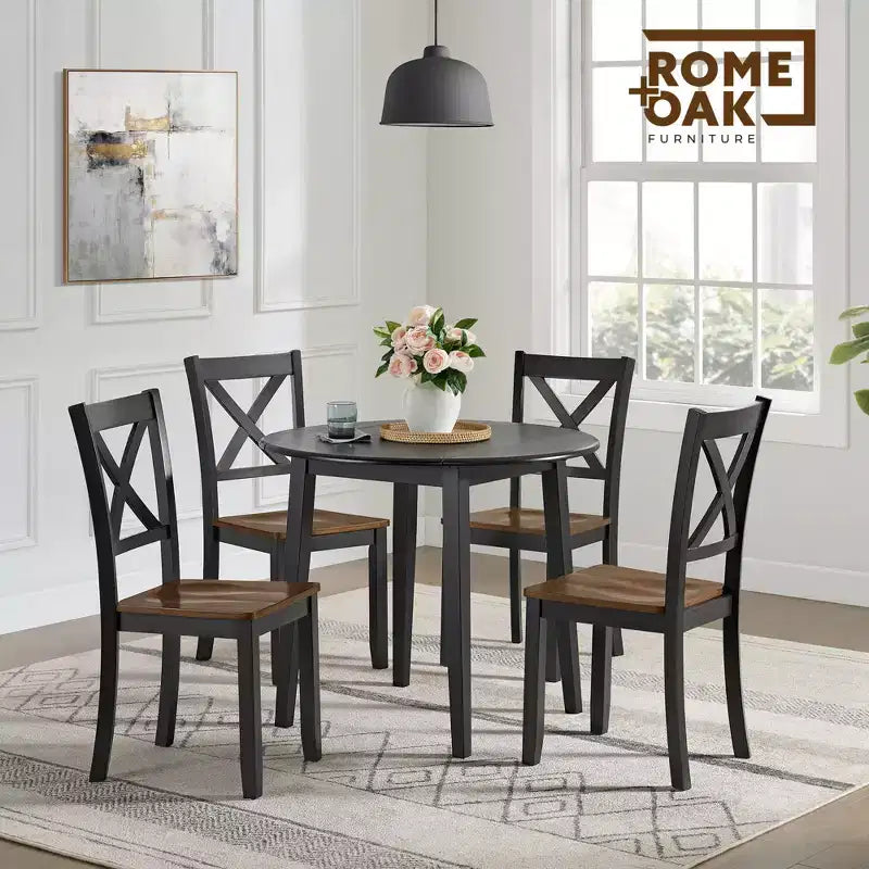 Table à abattants ROME + OAK avec un lot de 4 chaises à dossier croisé, Ensemble de salle à manger en bois, Noir