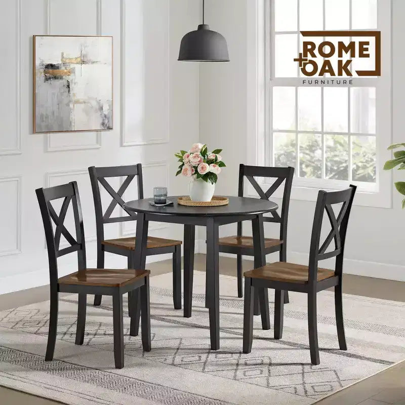 Chaise de salle à manger en bois fermier avec dossier en X ROME + OAK, noir/marron, lot de 4