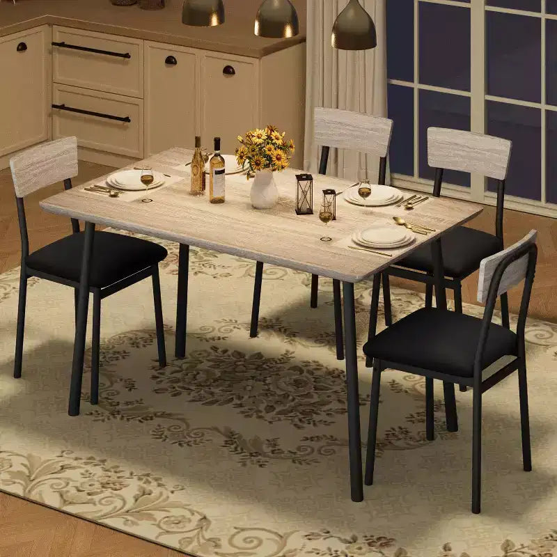 Ensemble de salle à manger 5 pièces en bois pour 4 personnes, plateau biseauté et chaises rembourrées, meubles de cuisine compacts pour la maison et l'appartement.