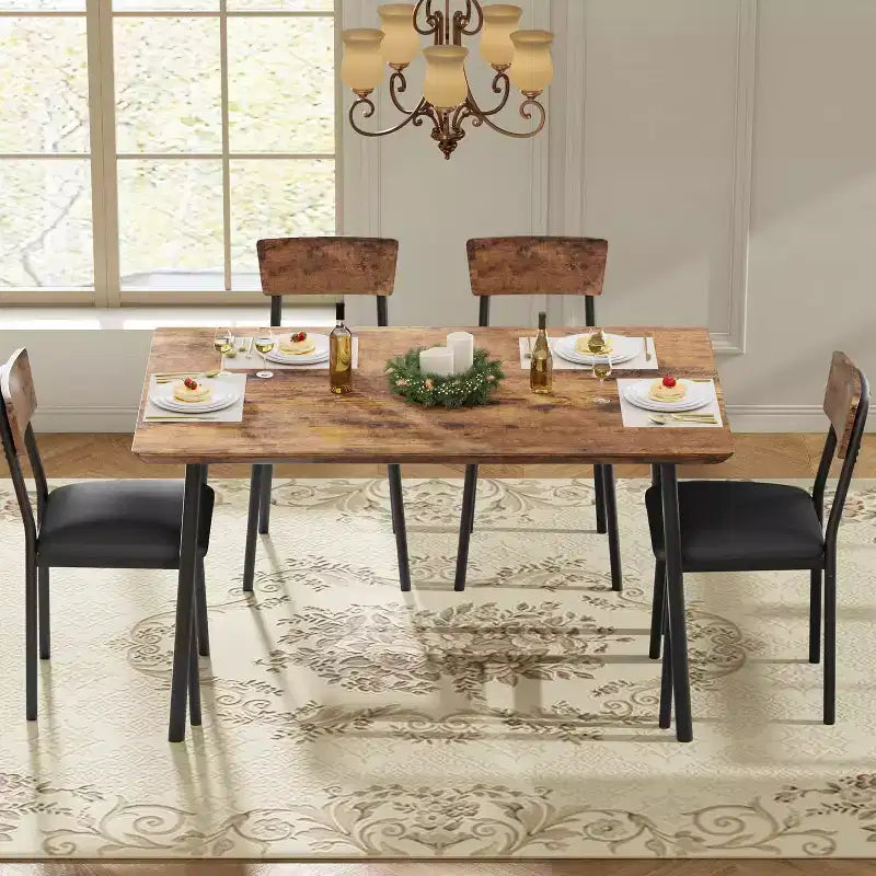 Ensemble de salle à manger 5 pièces en bois pour 4 personnes, plateau biseauté et chaises rembourrées, meubles de cuisine compacts pour la maison et l'appartement.