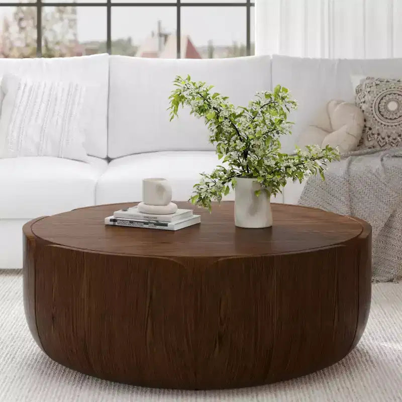 Table basse de 35,63 po, ronde, extérieure et intérieure, table d'appoint à tambour moderne en bois.