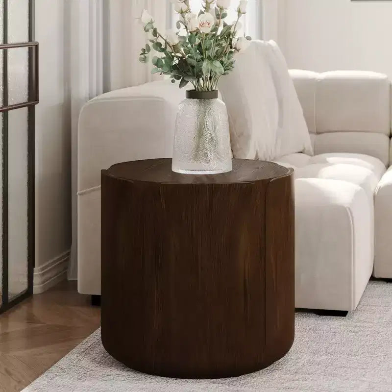 Tabouret/Table d'appoint rond(e) extérieur/intérieur 19.29H, motif bois moderne, pour terrasse et jardin