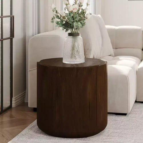 Tabouret/Table d'appoint rond(e) extérieur/intérieur 19.29H, motif bois moderne, pour terrasse et jardin