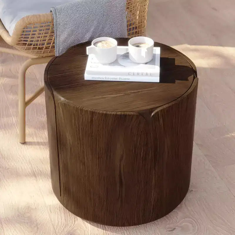 Tabouret/Table d'appoint rond(e) extérieur/intérieur 19.29H, motif bois moderne, pour terrasse et jardin