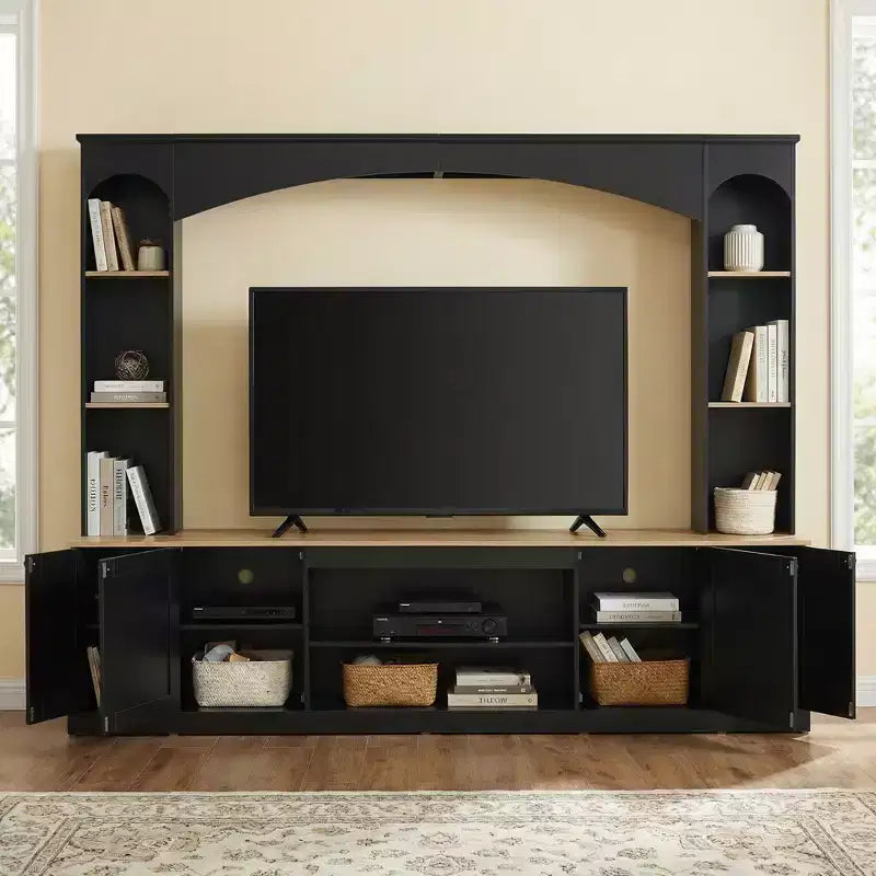 JVNOXK 91 Black Arched Farmhouse Entertainment Center for TVs Up to 70, with Bookshelves & Adjustable Shelves