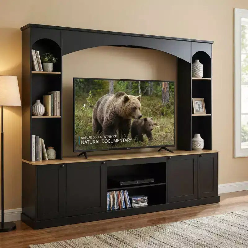 JVNOXK 91 Meuble TV de ferme arqué noir pour téléviseurs jusqu'à 70 pouces, avec étagères et tablettes réglables
