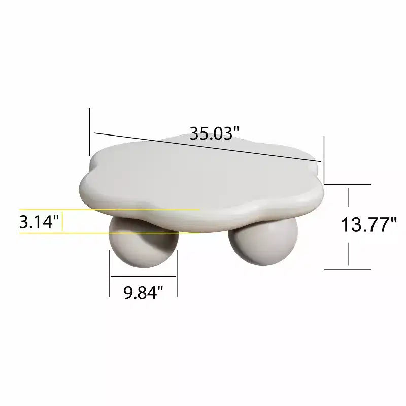 Table basse nuage 35 avec pieds sphériques, Table basse irrégulière moderne pour salon, Blanc crème