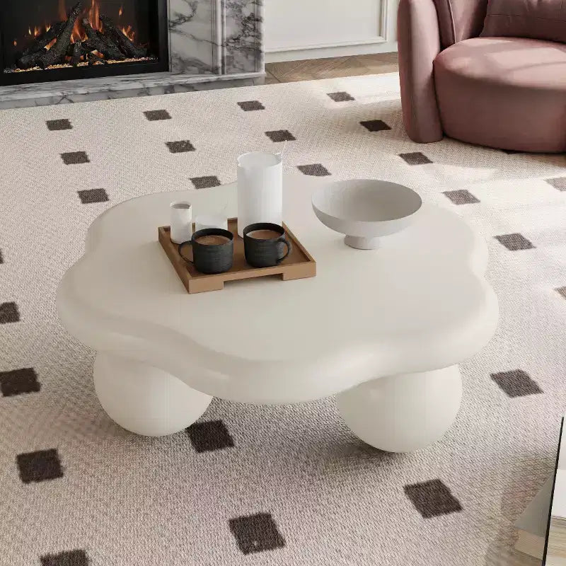 Table basse nuage 35 avec pieds sphériques, Table basse irrégulière moderne pour salon, Blanc crème