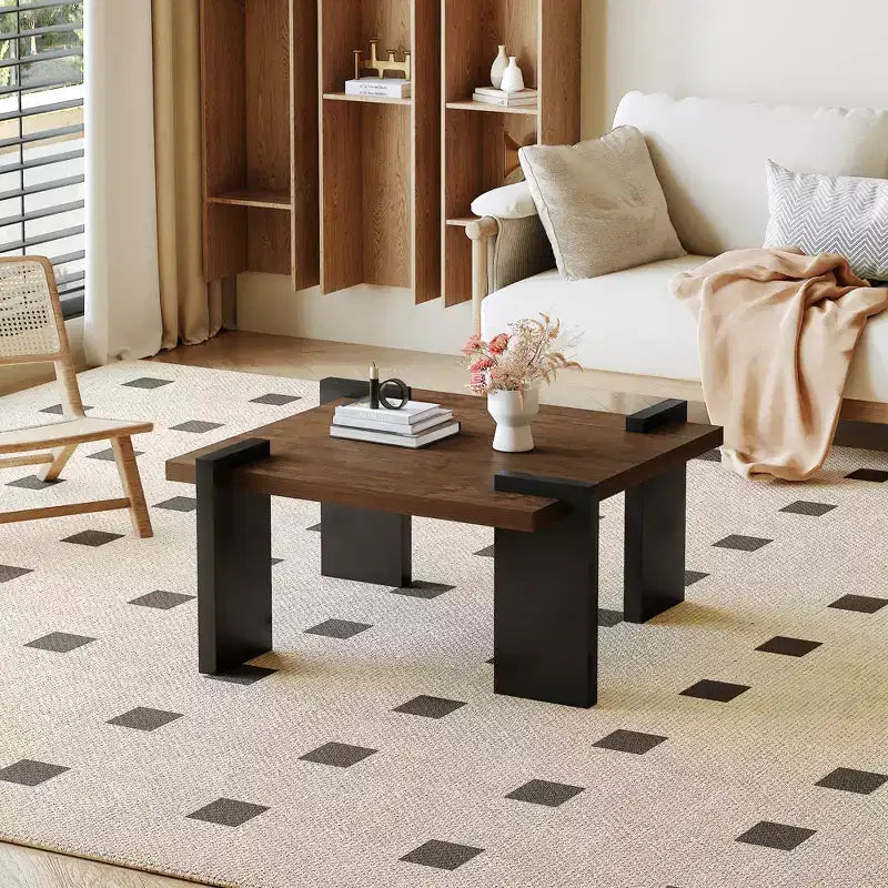 Walnut-colored MDF coffee table, for modern minimalist living rooms and leisure areas, with product dimensions of 31.5*31.5*16.6inches.