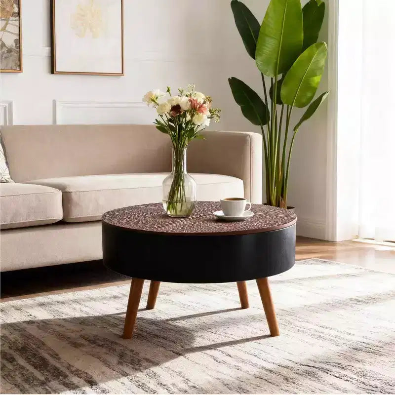 Table basse ronde avec rangement, table d'appoint centrale moderne pour salon