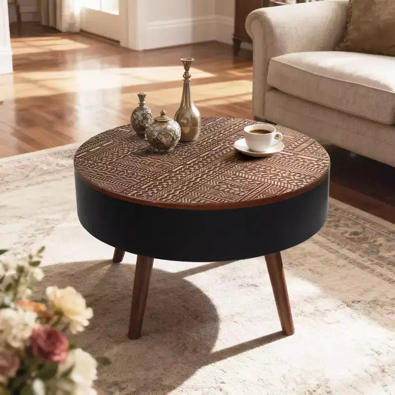 Table basse ronde avec rangement, table d'appoint centrale moderne pour salon