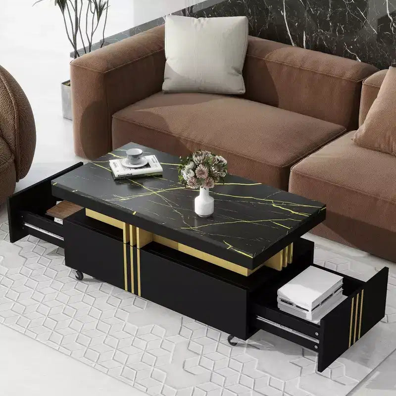 Rectangle Coffee Table with Faux Marble Top and Caster Wheels, Modern Center Table for Living Room, Black