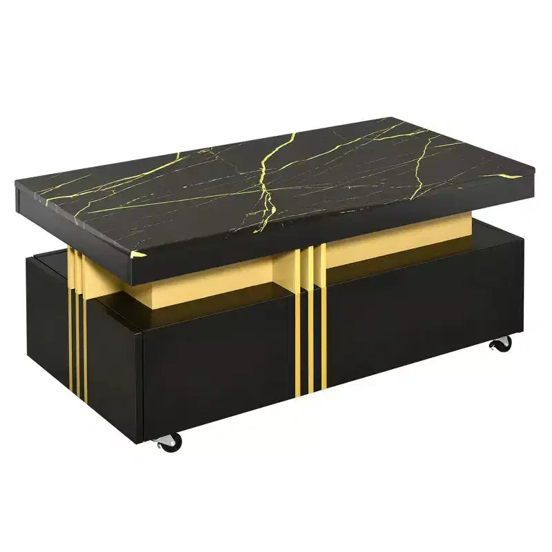 Table basse rectangulaire avec plateau en faux marbre et roulettes, table centrale moderne pour salon, noire
