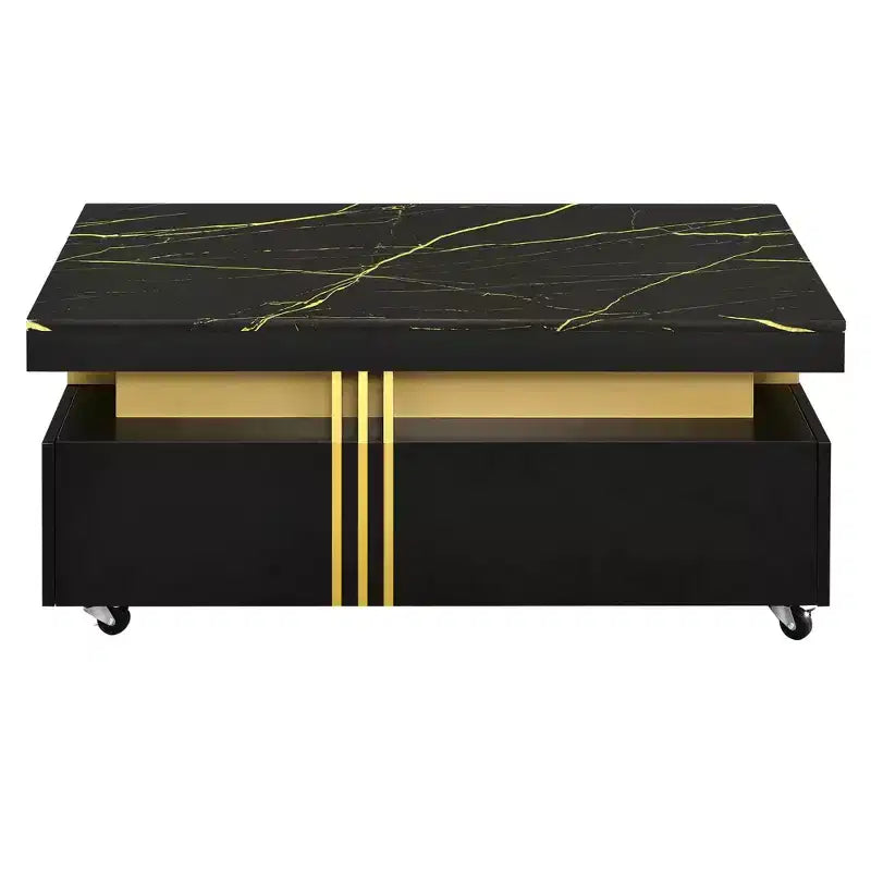 Table basse rectangulaire avec plateau en faux marbre et roulettes, table centrale moderne pour salon, noire