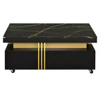 Table basse rectangulaire avec plateau en faux marbre et roulettes, table centrale moderne pour salon, noire