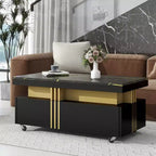 Table basse rectangulaire avec plateau en faux marbre et roulettes, table centrale moderne pour salon, noire