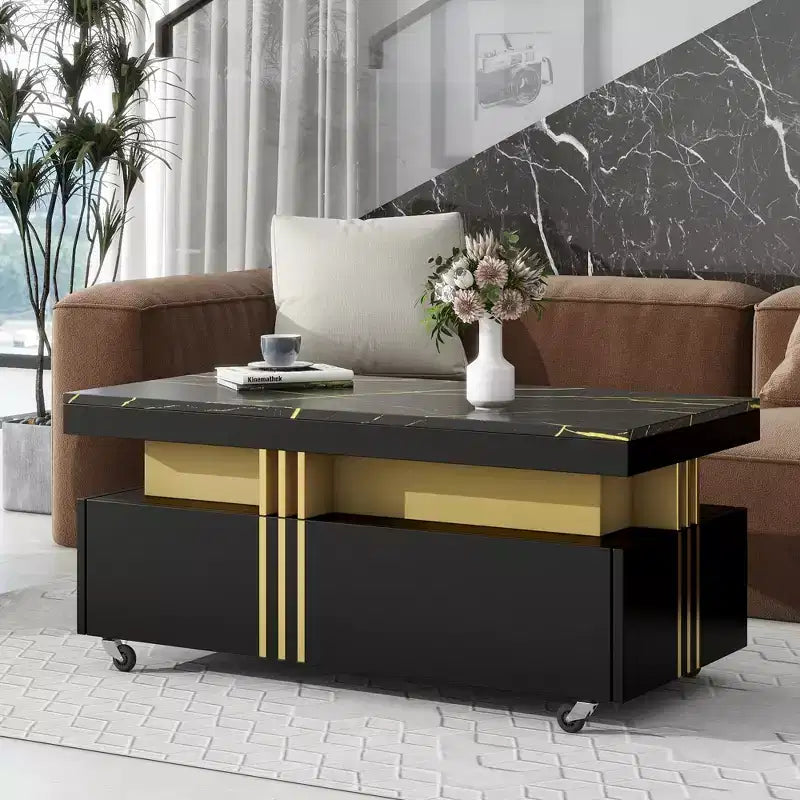 Table basse rectangulaire avec plateau en faux marbre et roulettes, table centrale moderne pour salon, noire