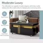 Table basse rectangulaire avec plateau en faux marbre et roulettes, table centrale moderne pour salon, noire