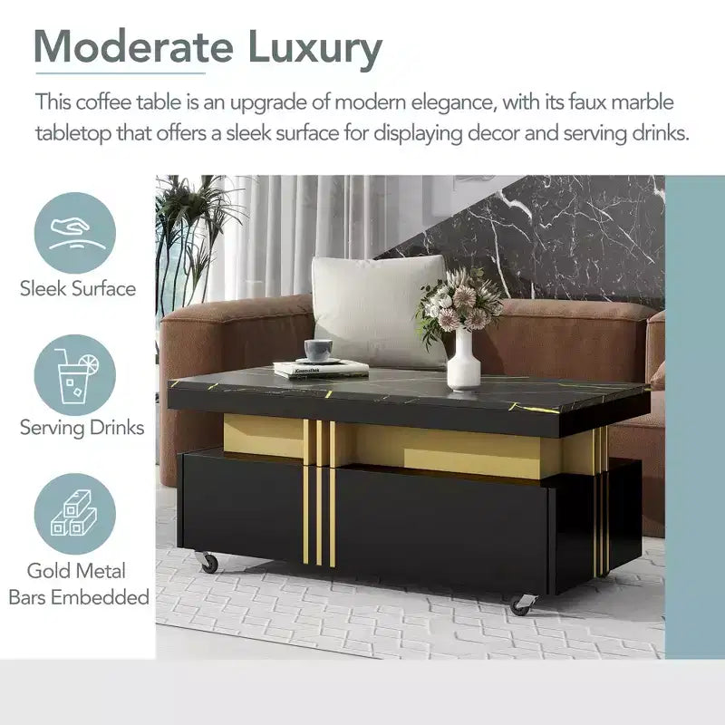 Table basse rectangulaire avec plateau en faux marbre et roulettes, table centrale moderne pour salon, noire