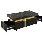 Table basse rectangulaire avec plateau en faux marbre et roulettes, table centrale moderne pour salon, noire