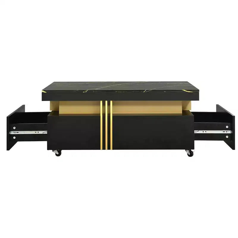Table basse rectangulaire avec plateau en faux marbre et roulettes, table centrale moderne pour salon, noire