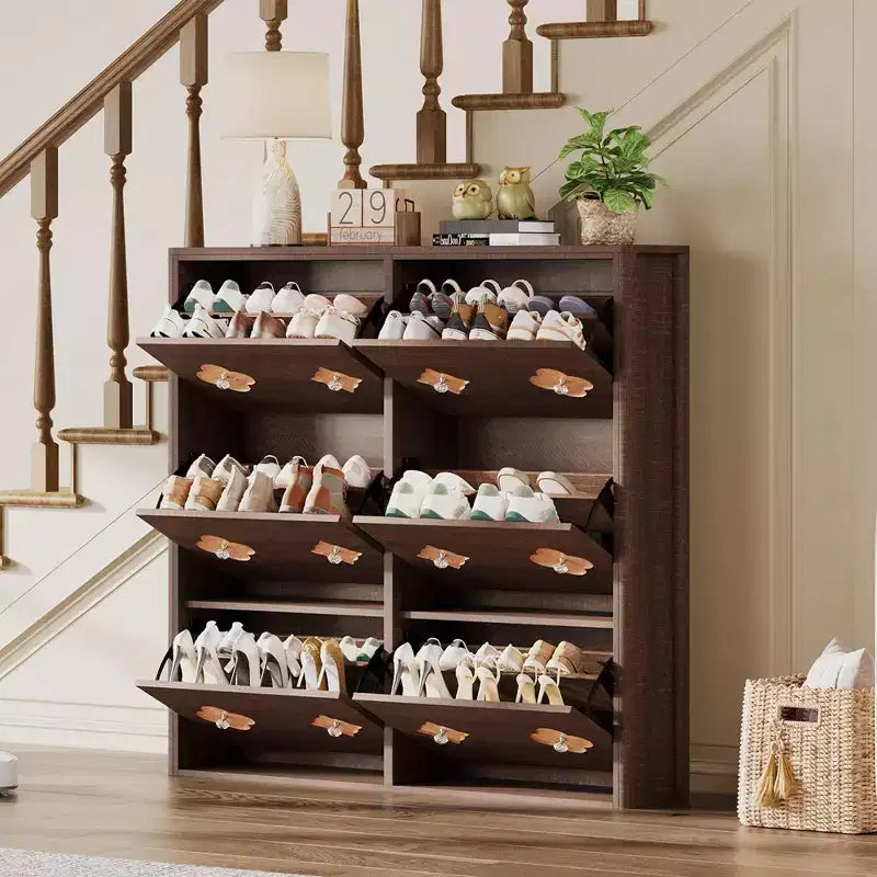 Commode Meuble à chaussures avec 6/4/3 tiroirs basculants, meuble à chaussures fin et discret avec étagères réglables et poignées diamant, meuble d'entrée autoportant