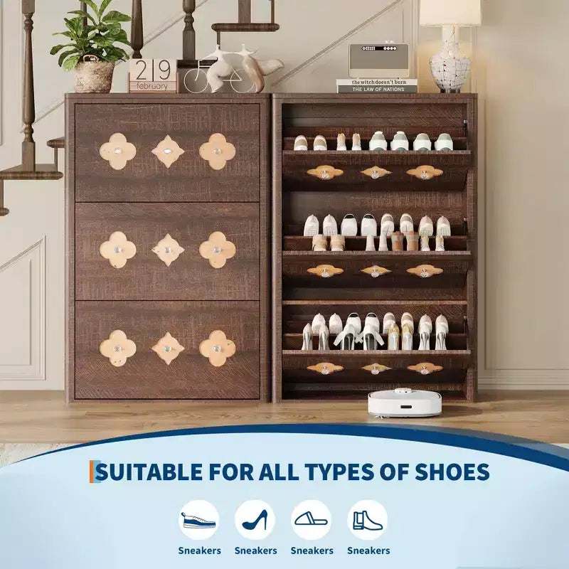 Commode Meuble à chaussures avec 6/4/3 tiroirs basculants, meuble à chaussures fin et discret avec étagères réglables et poignées diamant, meuble d'entrée autoportant