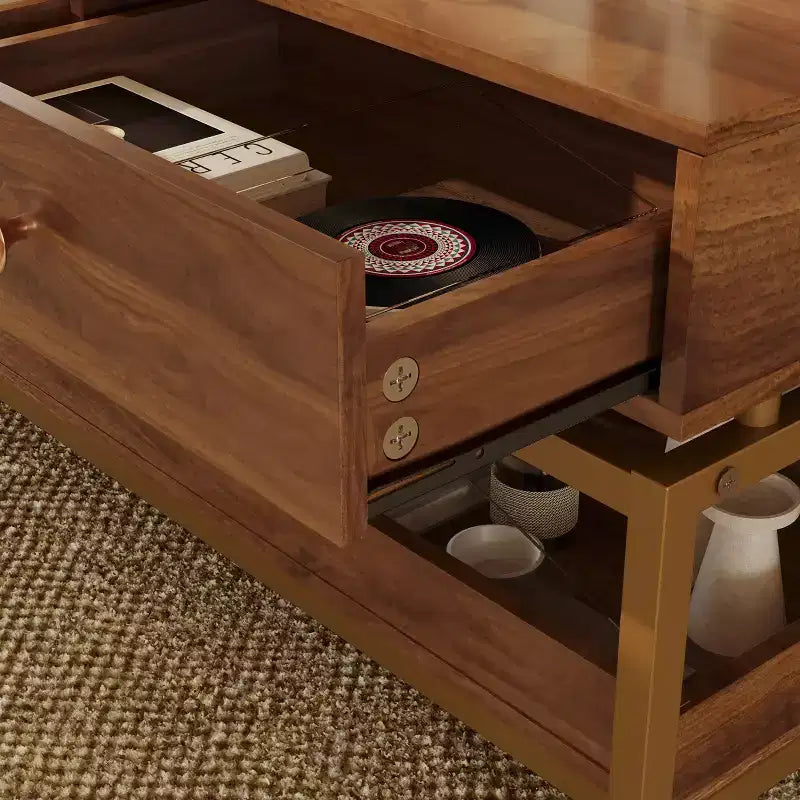 Jolies petites tables basses de marque pour salon, table basse moderne de 100 cm avec 2 tiroirs et étagère ouverte, table basse en bois avec rangement