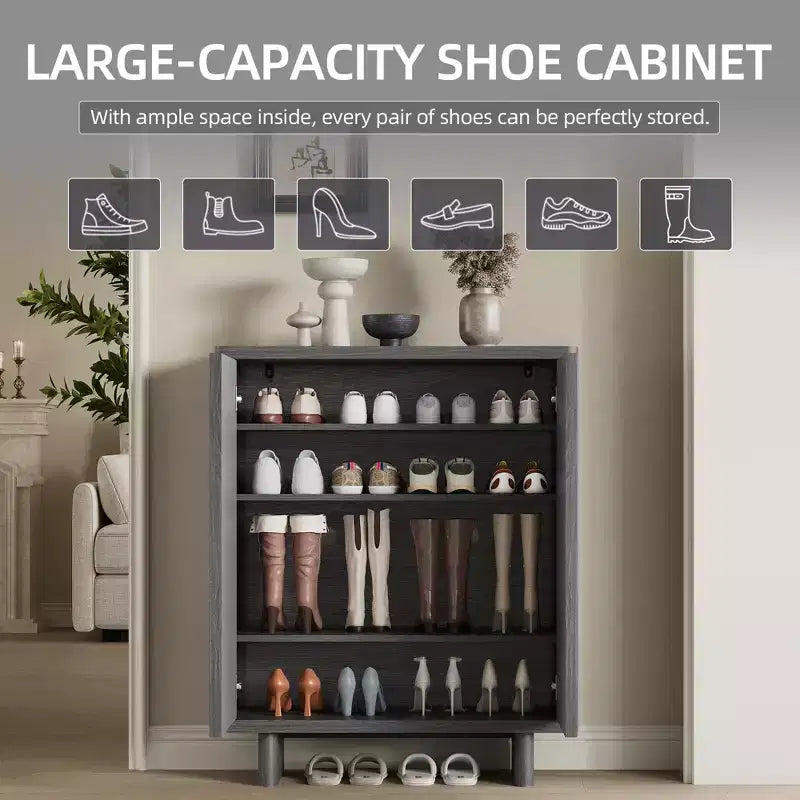 Meuble à chaussures 5 niveaux avec porte cannelée, organisateur de rangement de chaussures pour entrée avec 4 étagères réglables, autoportant étroit