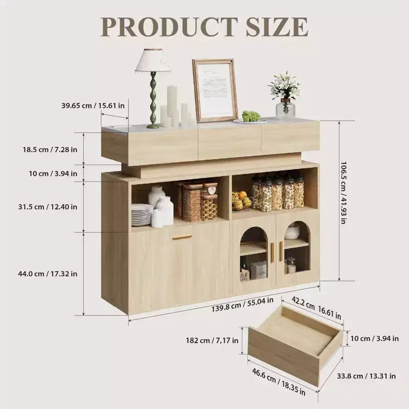Meuble de bar à café de 55" avec 3 tiroirs et 3 portes, buffet de rangement de cuisine pour salle à manger, salon
