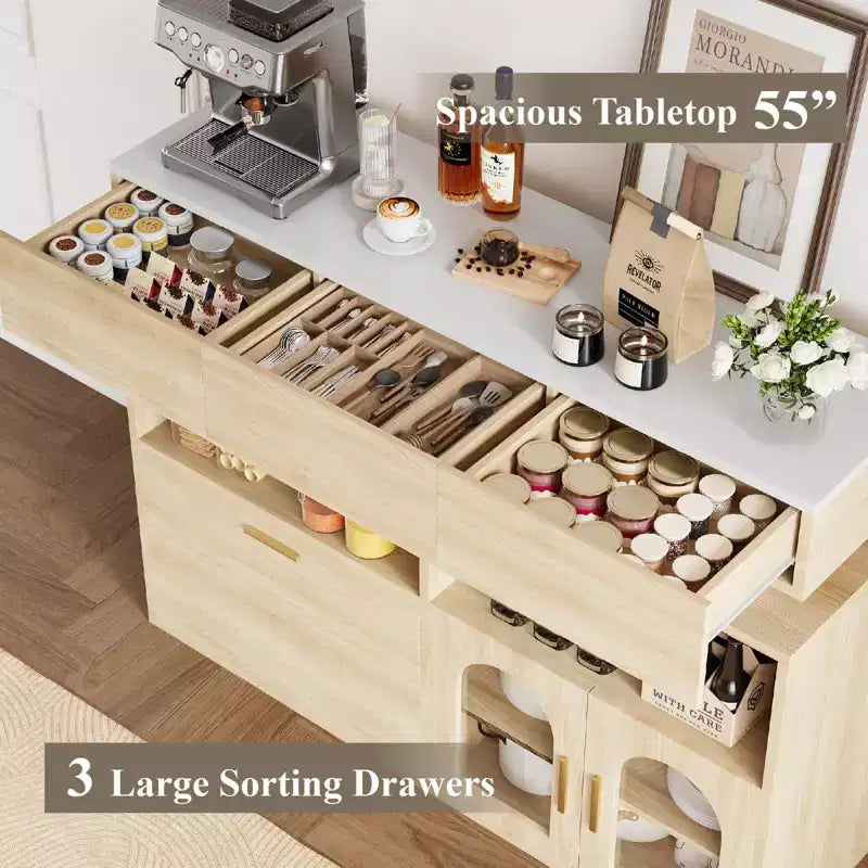 Meuble de bar à café de 55" avec 3 tiroirs et 3 portes, buffet de rangement de cuisine pour salle à manger, salon