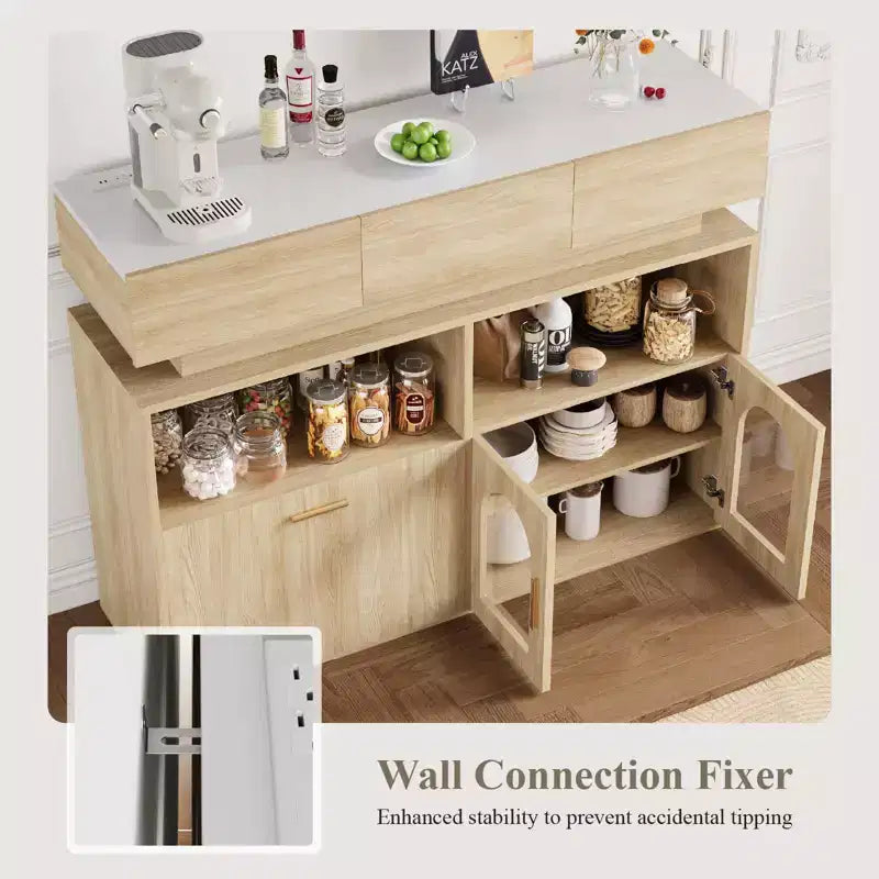 Meuble de bar à café de 55" avec 3 tiroirs et 3 portes, buffet de rangement de cuisine pour salle à manger, salon