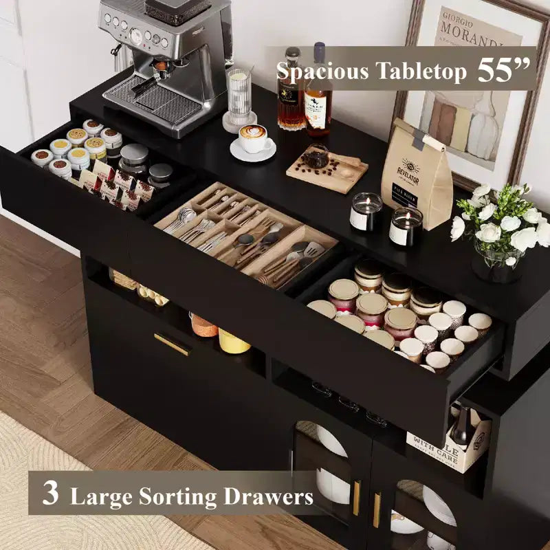 Meuble de bar à café de 55" avec 3 tiroirs et 3 portes, buffet de rangement de cuisine pour salle à manger, salon