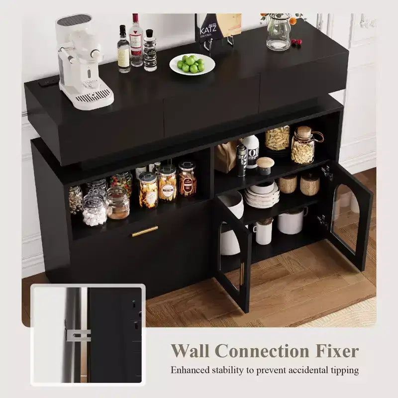 Meuble de bar à café de 55" avec 3 tiroirs et 3 portes, buffet de rangement de cuisine pour salle à manger, salon