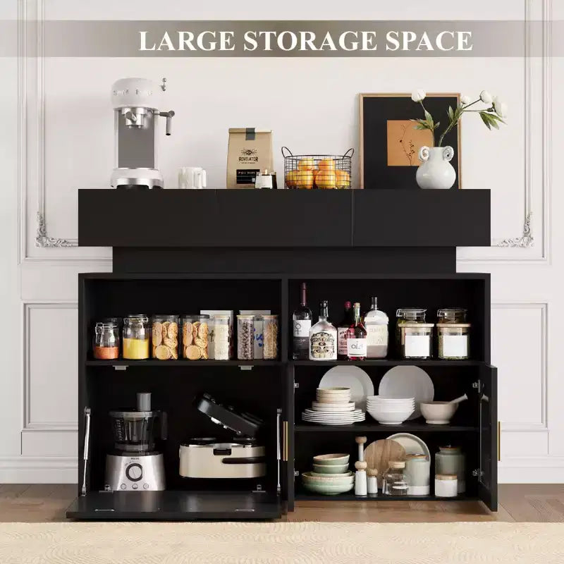 Meuble de bar à café de 55" avec 3 tiroirs et 3 portes, buffet de rangement de cuisine pour salle à manger, salon