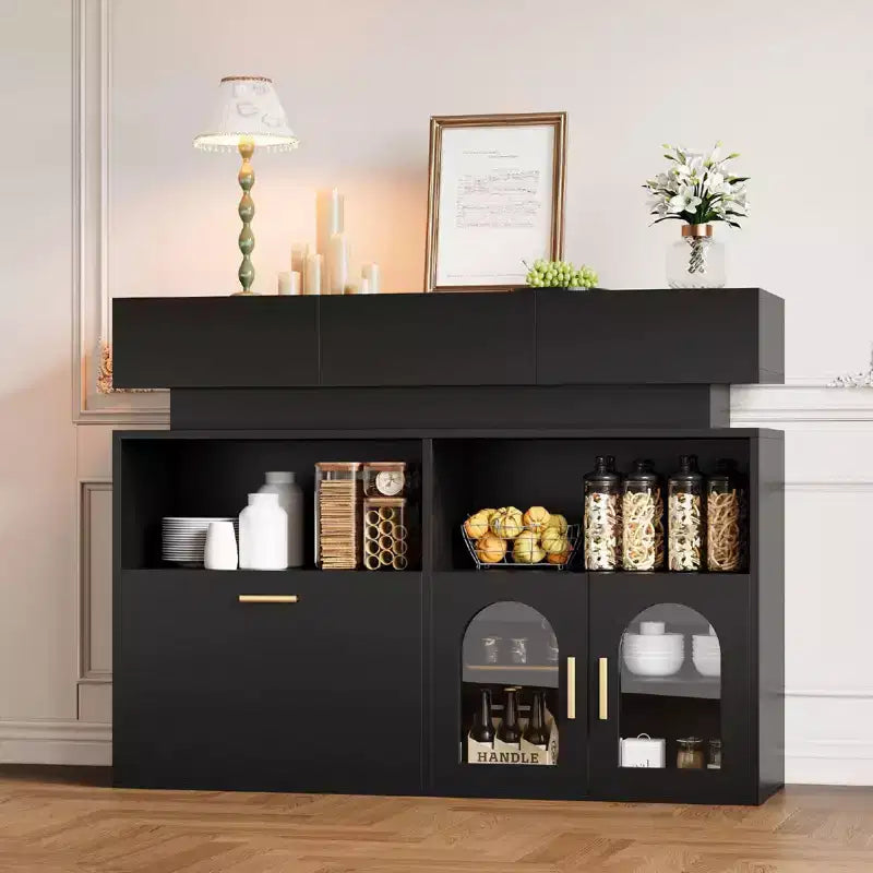 Meuble de bar à café de 55" avec 3 tiroirs et 3 portes, buffet de rangement de cuisine pour salle à manger, salon
