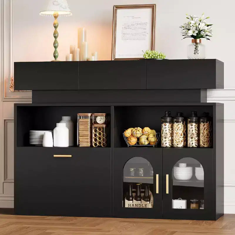 55 Coffee Bar Cabinet with 3 Drawers and 3 Doors, Kitchen Storage Sideboard for Dining Room, Living Room