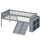 Cadre de lit jumeau avec étagère de rangement, toboggan et échelle, lit plateforme en bois avec garde-corps, gris