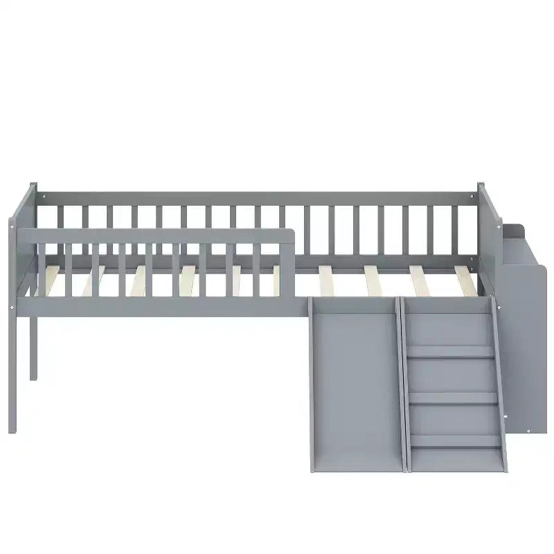 Cadre de lit jumeau avec étagère de rangement, toboggan et échelle, lit plateforme en bois avec garde-corps, gris