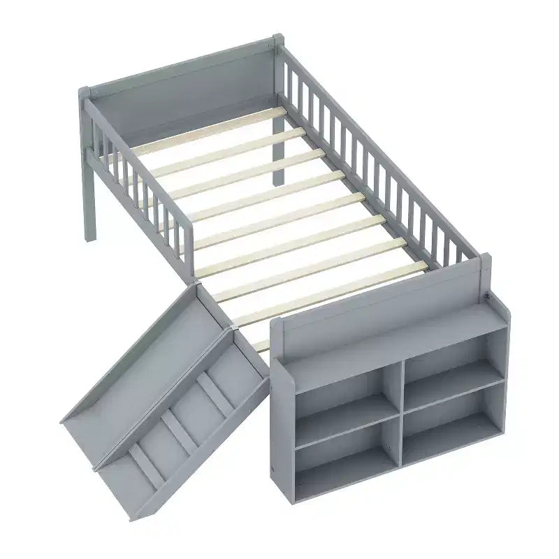 Cadre de lit jumeau avec étagère de rangement, toboggan et échelle, lit plateforme en bois avec garde-corps, gris