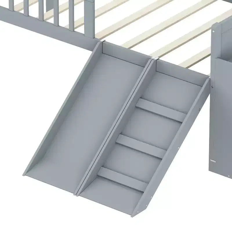Cadre de lit jumeau avec étagère de rangement, toboggan et échelle, lit plateforme en bois avec garde-corps, gris