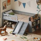 Cadre de lit jumeau avec étagère de rangement, toboggan et échelle, lit plateforme en bois avec garde-corps, gris