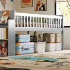 Cadre de lit jumeau avec étagère de rangement, toboggan et échelle, lit plateforme en bois avec garde-corps, gris