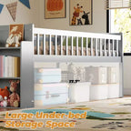 Cadre de lit jumeau avec étagère de rangement, toboggan et échelle, lit plateforme en bois avec garde-corps, gris