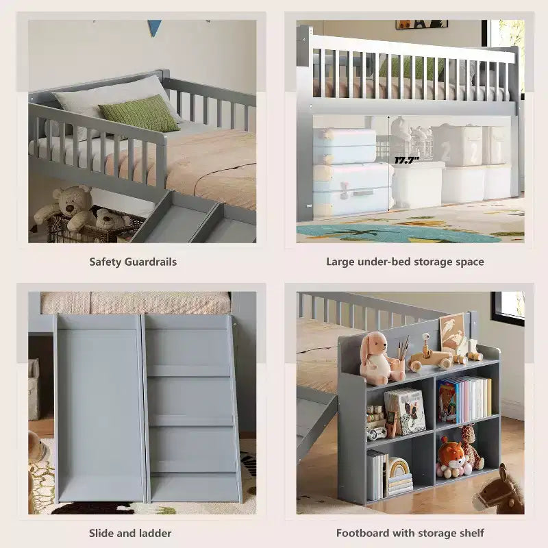 Cadre de lit jumeau avec étagère de rangement, toboggan et échelle, lit plateforme en bois avec garde-corps, gris