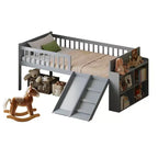 Cadre de lit jumeau avec étagère de rangement, toboggan et échelle, lit plateforme en bois avec garde-corps, gris