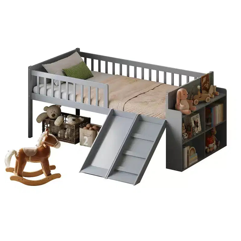Cadre de lit jumeau avec étagère de rangement, toboggan et échelle, lit plateforme en bois avec garde-corps, gris